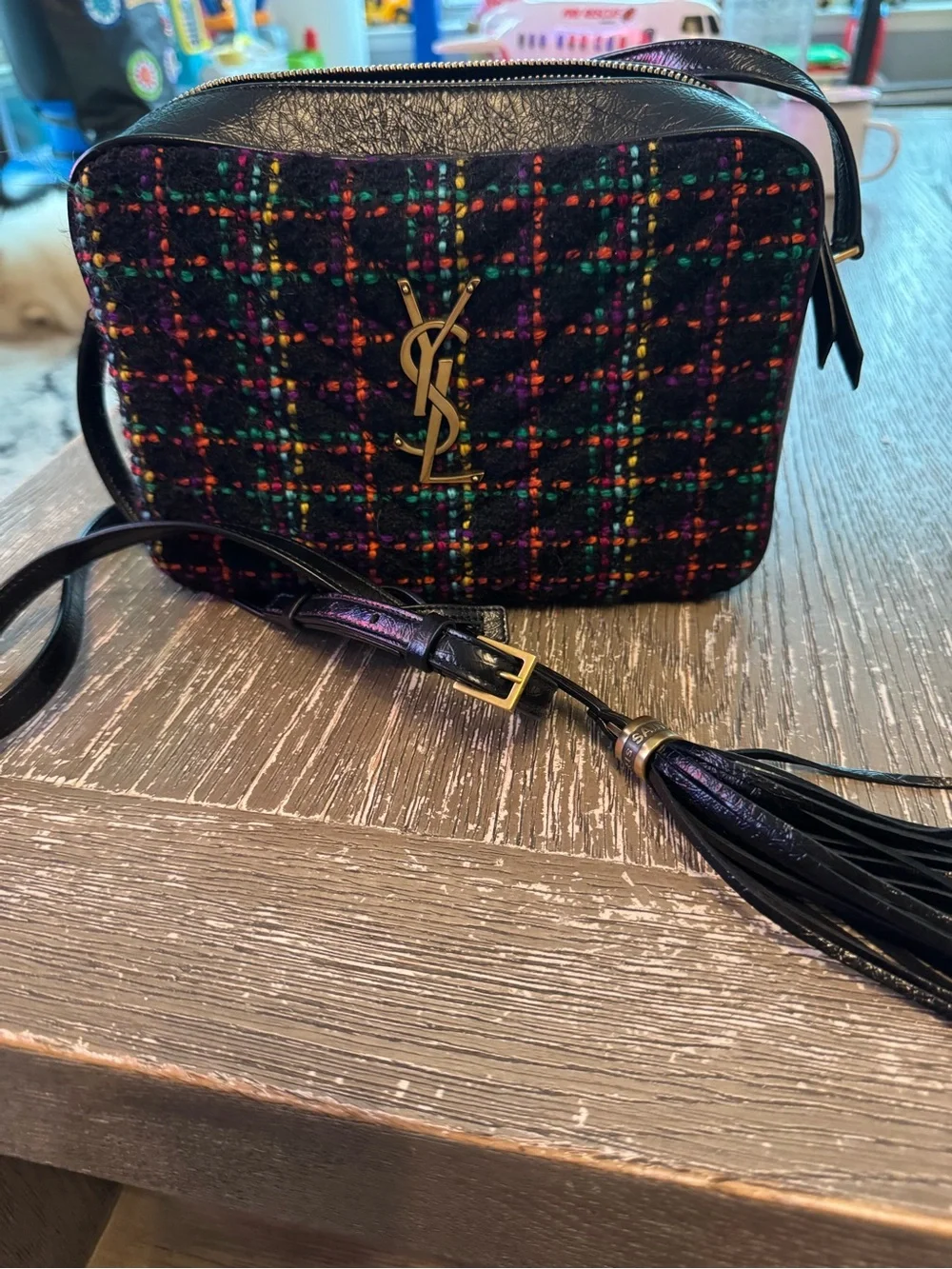 Saint Laurent Black Tweed Crossbody Camera Bag with Multicolor Woven Accents - Picture 1 of 4
